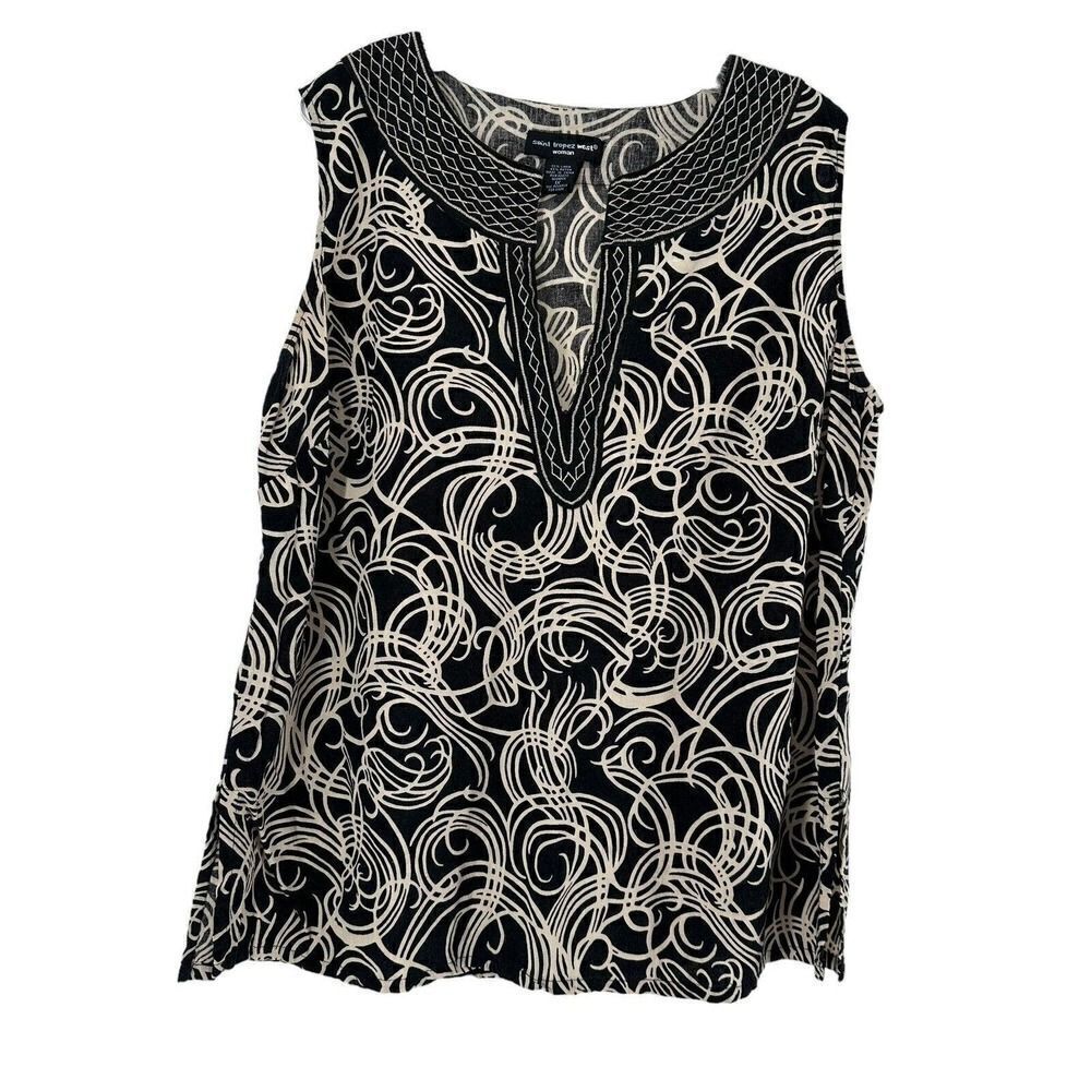 Saint Tropez West Linen Top Womens Size 1X Black Sleeveless V Neck Embroidered
